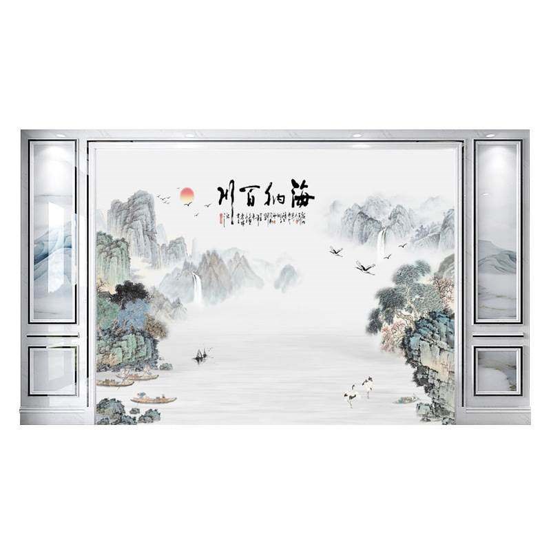 2024新中式电视背景墙轻奢瓷砖微晶石客厅大理石影视墙岩板山水画