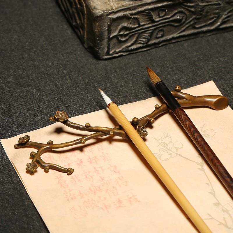 青铜笔架 花枝俏笔架 梅花小摆件 创意镇纸 文房四宝 毛笔架笔搁