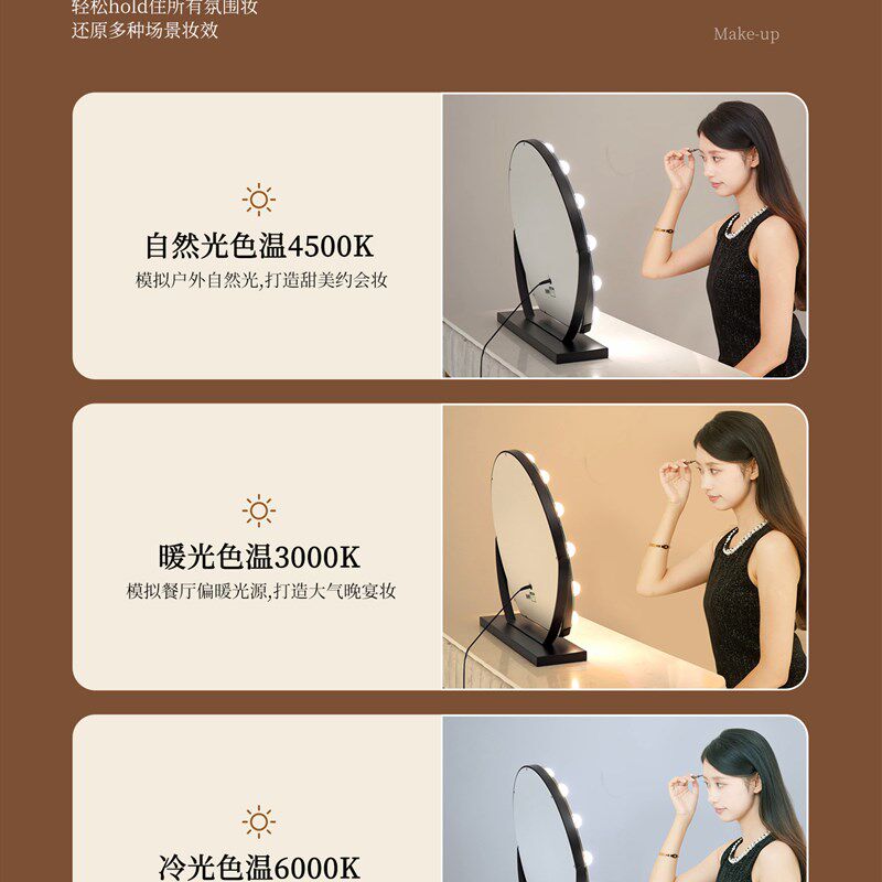 桌面梳妆台Led照明化妆镜宿舍卧室补光充电半圆形大镜子可旋转