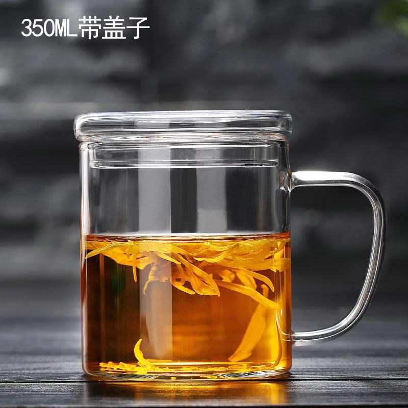 耐热玻璃水杯花茶杯可爱带盖带把手家用茶杯办公室过滤泡茶杯子