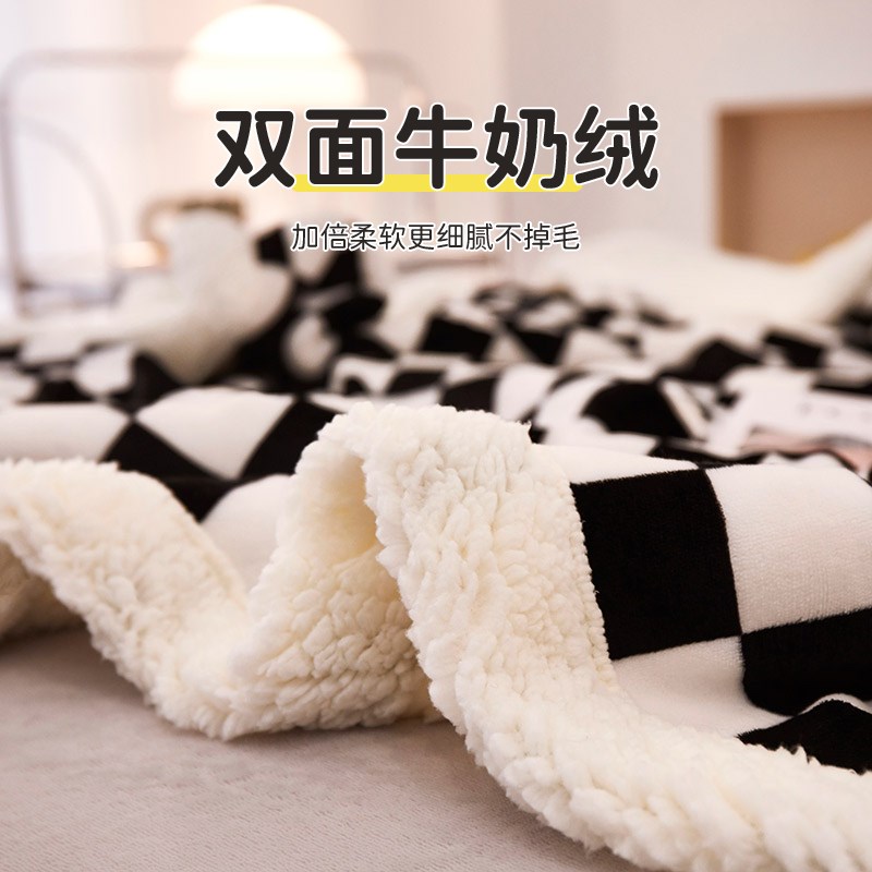 ins风棋盘格牛奶绒毛毯秋冬加厚羊羔绒毛巾被子双层保暖学生盖毯