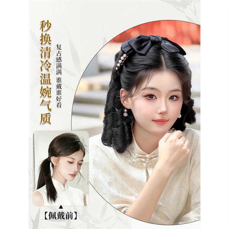 马尾假发女民国风黑色罗马卷蝴蝶结抓夹发饰中式旗袍发髻马尾假发
