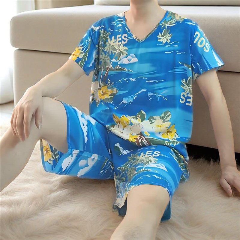 棉绸睡衣男夏宽松短袖薄家居服透气中年爸V领绵绸短裤大码两件套