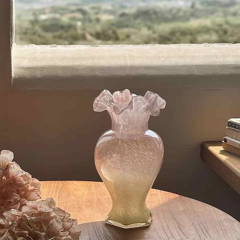 粉色芬顿玻璃花瓶中古人鱼姬琉璃花器插花水养装饰法式浪漫ins风