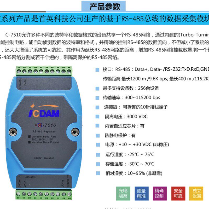 C-7510/A  485/422工业级光电隔离中继器信号放大器延长器I-7510