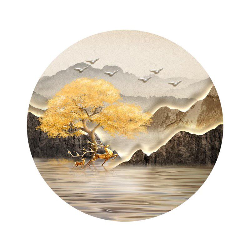 新中式圆形装饰画入户玄关走廊过道墙山水好寓意壁画画芯壁纸墙纸