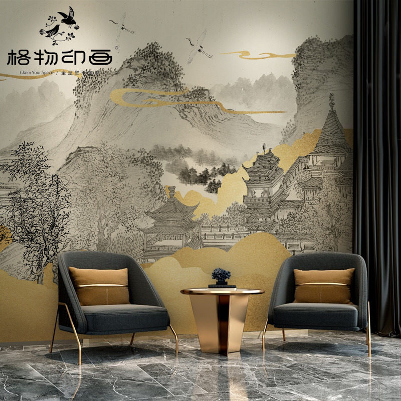 中式金色山水阁楼壁纸轻奢风客厅沙发背景壁画书房办公3D自粘壁布