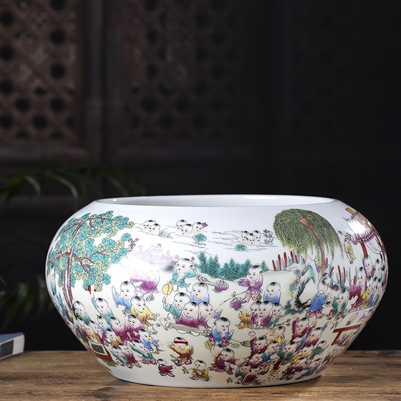 景德镇陶瓷聚宝盆摆件纯手工粉彩瓷器百子图桌面玄关鱼缸小型