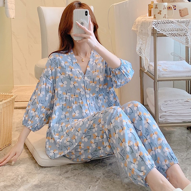 碎花夏季七分袖v领绵绸睡衣女士薄款棉绸套装中年人棉空调家居服