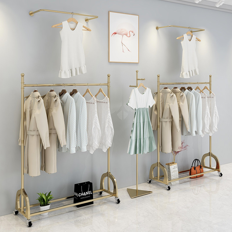 高档双层服装展示架落地女装挂衣架金色婚纱架子龙门侧挂架移动轮