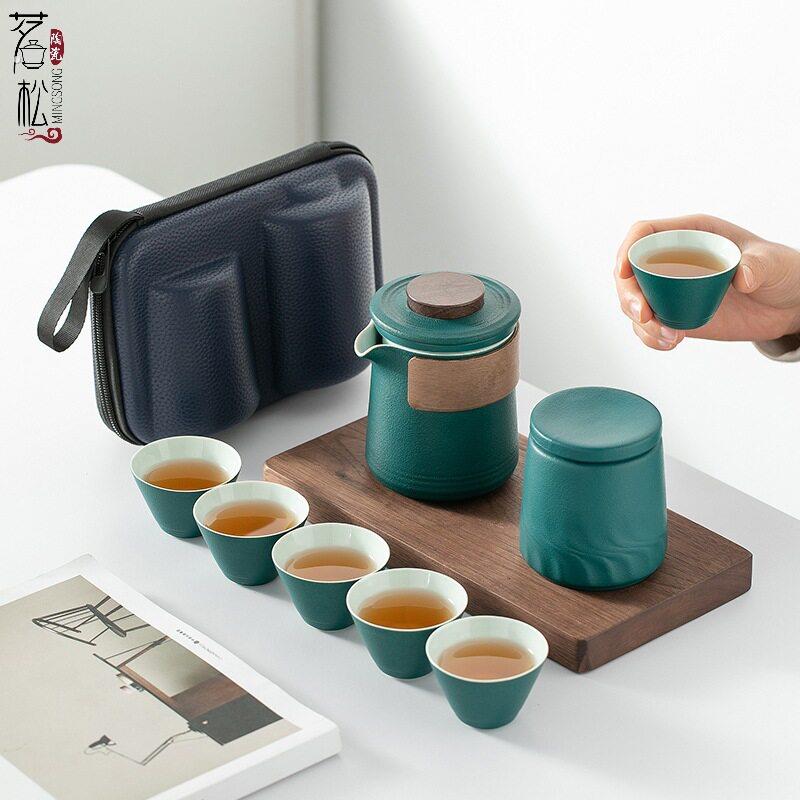 粗陶快客杯陶瓷户外旅行茶具一壶六杯玻璃便携式功夫茶具套装简约