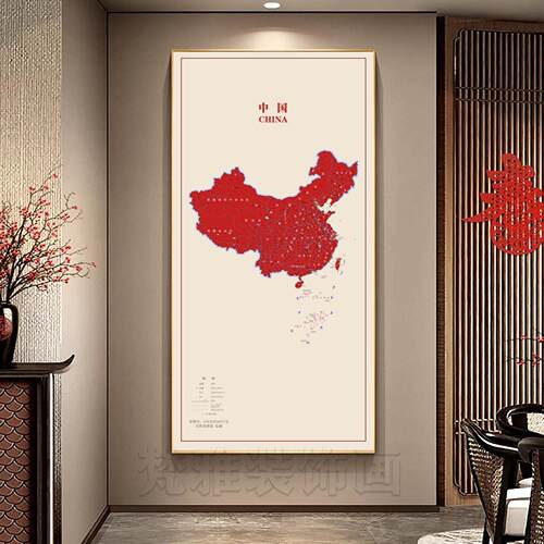 中国红地图装饰画爱国革命党主题伟人玄关客厅行政办公室公司挂画