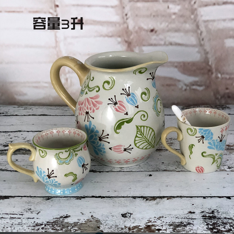 超大容量耐热陶瓷水具家用牛奶壶冷水壶手绘怀旧釉下彩果汁扎套装