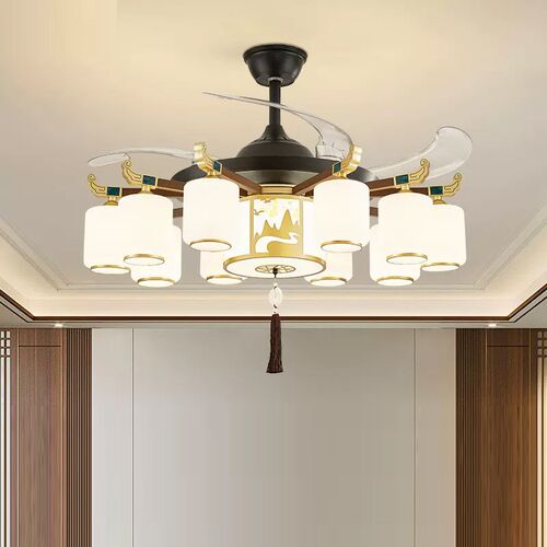 新中式餐厅吊扇灯2024新款大风力隐形风扇灯客厅灯一体吊灯中国风