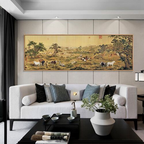 郎世宁装饰画百骏图办公室挂画新中式客厅背景墙壁画横幅骏马图画