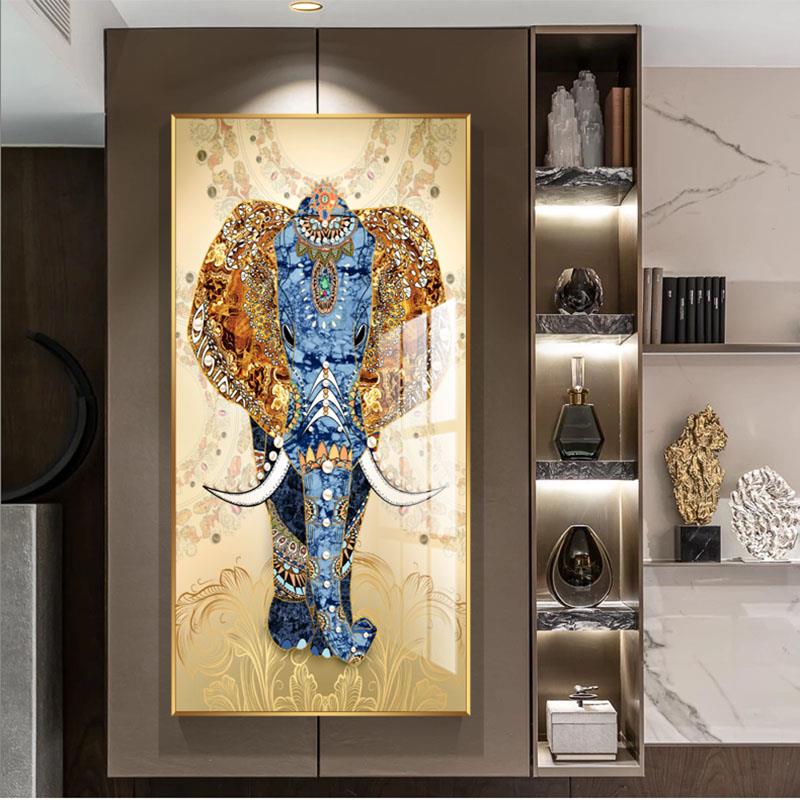 大象镶钻晶瓷画水晶画晶钻画轻奢装饰画玄关挂画餐厅招财寓意好的