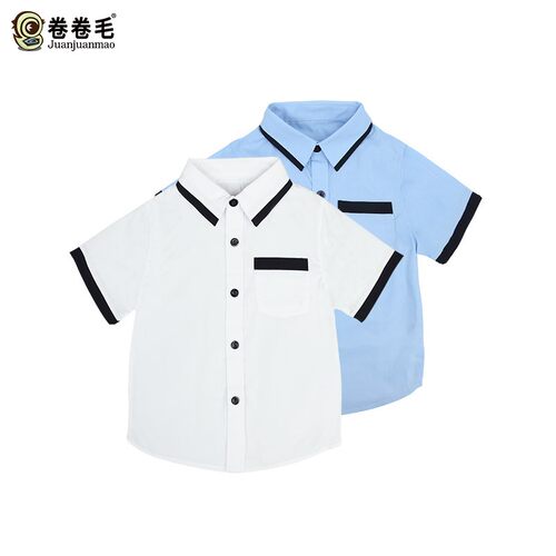 男女童装班服小学生校服学院风蓝色衬衣新款短袖夏季儿童尖领衬衫