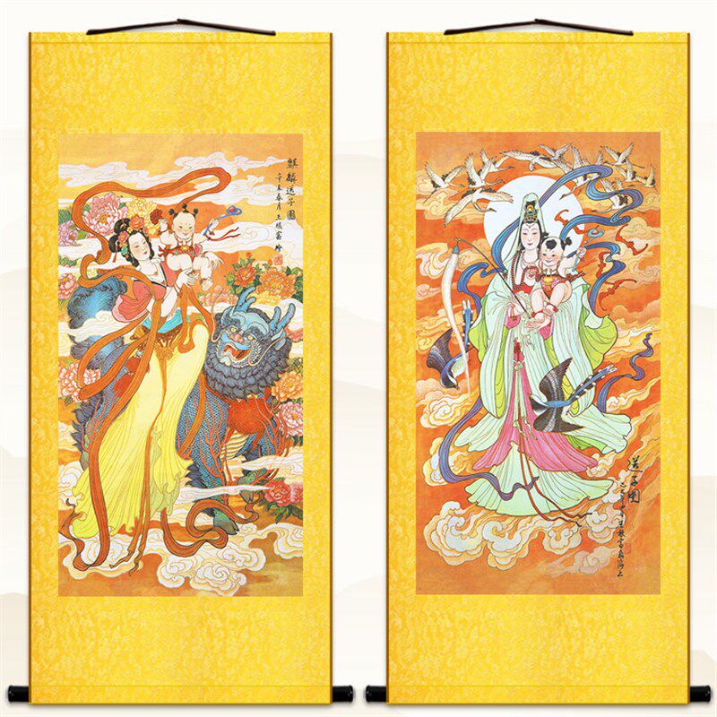 麒麟送子图人物画 仙鹤观世音菩萨复古装饰画 绢布卷轴挂画可定制