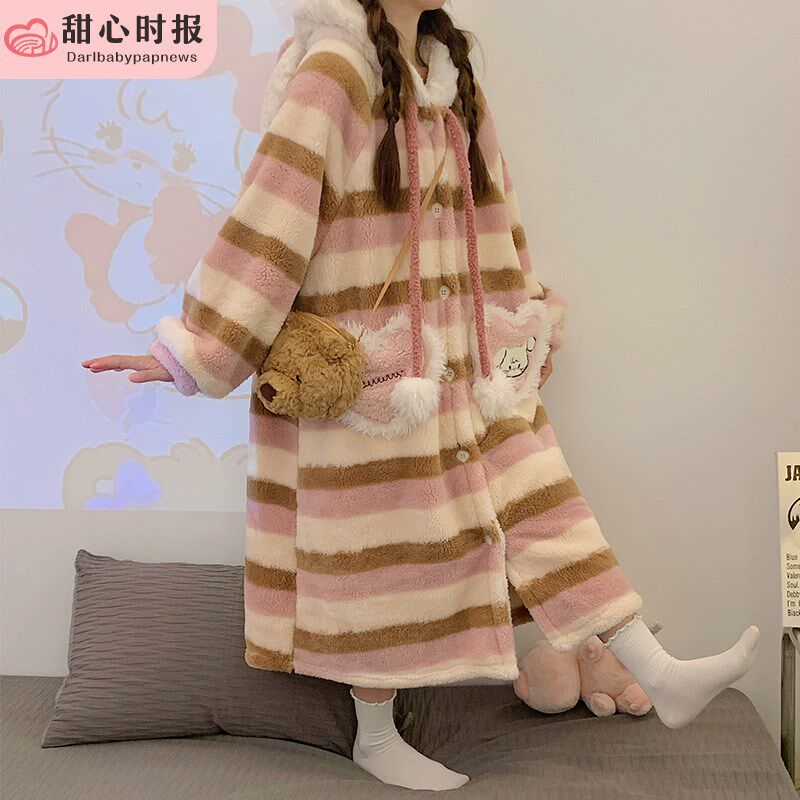 珊瑚绒睡衣女春秋冬季加厚睡袍浴袍保暖可爱长款法兰绒家居服猫咪
