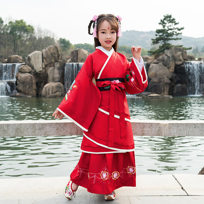 儿童汉服女童汉服秦汉两绕曲裾女孩演出服绣花国学礼服唐装古装