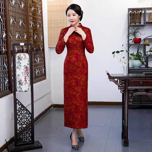 旗袍中年妈妈秋冬长袖加绒加厚婚礼服大码复古改良优雅长款连衣裙