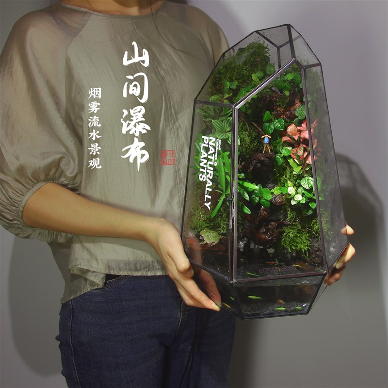 创意流水烟雾造景鱼缸桌面苔藓微景观成品玻璃鱼缸生态缸观鱼礼物