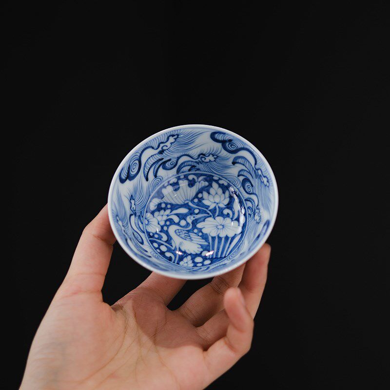 小谦山房一鹭莲升主人杯景德镇仿古元青花手工陶瓷品茗杯功夫茶具