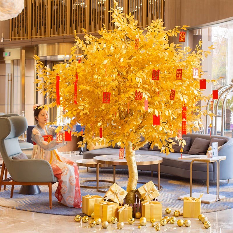 仿真金榕树摇钱许愿树大型假树网红装饰发财树新年祈福红包金钱树