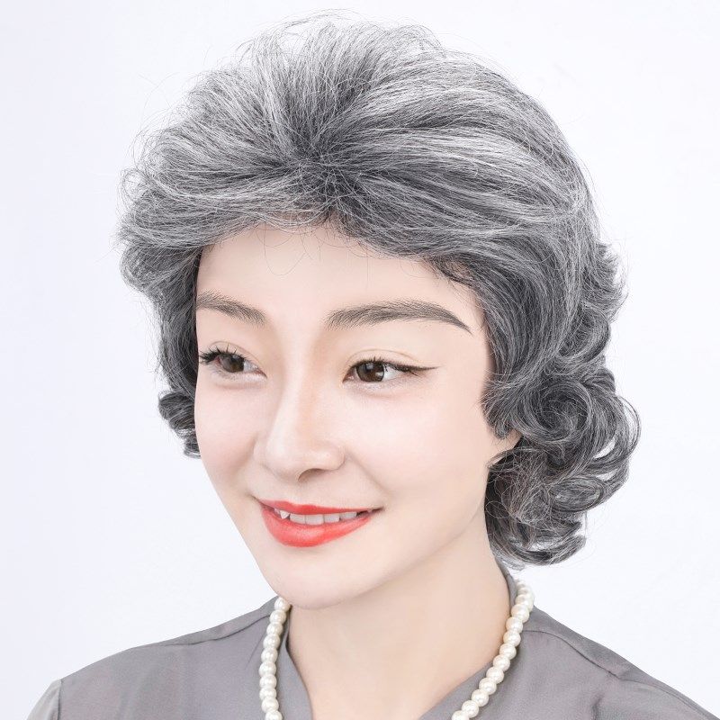 中老年假发女短卷发妈妈款夏天透气女士花白色奶奶假发套全真发