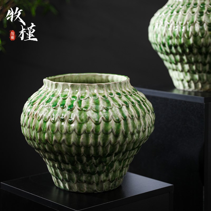 景德镇陶瓷花盆新中式家用客厅绿植专用大号口径手工陶罐绿色花器
