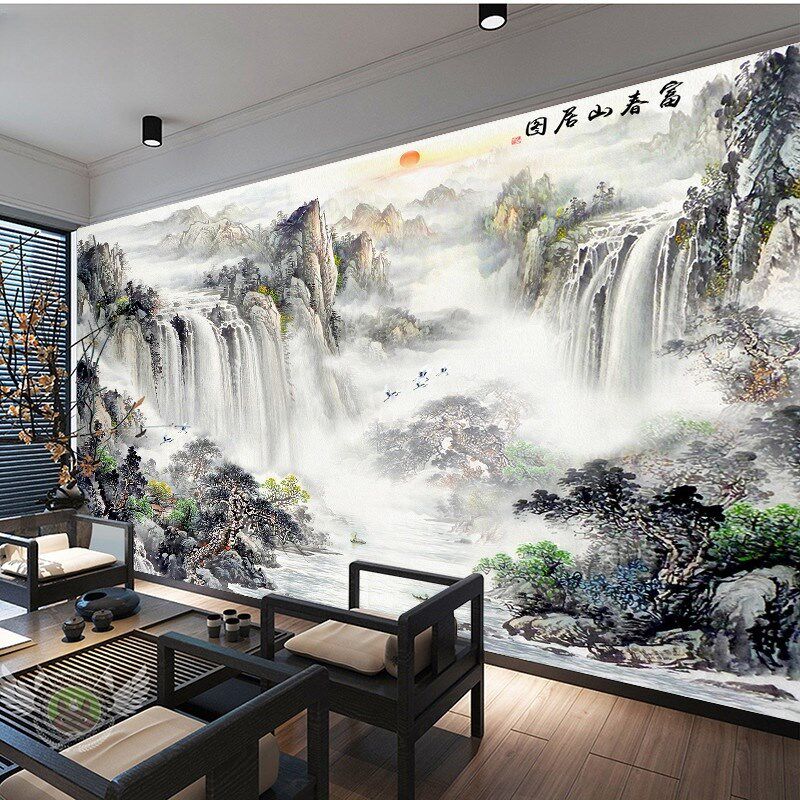 新中式鸿运当头山水画 画壁布3D客厅沙发背景墙装饰壁画 画中式定