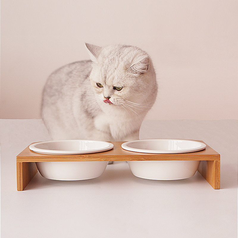 肥喵日记竹板立架陶瓷双碗餐桌饭桌宠物猫咪狗狗碗架饭碗两用食盆