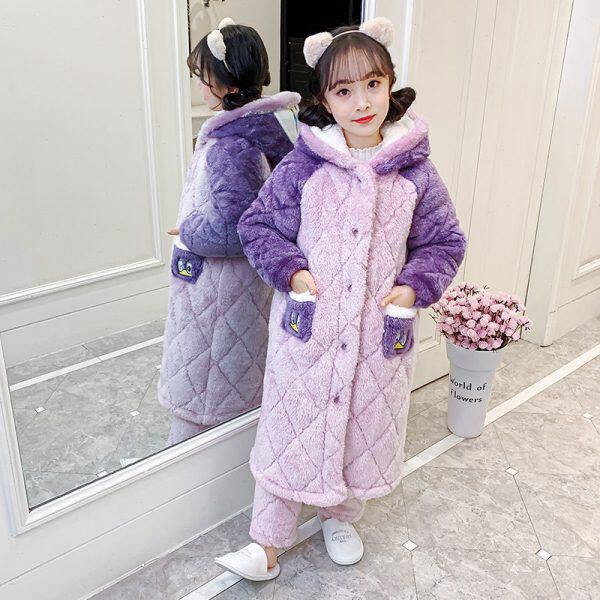 儿童睡衣冬季加厚款三层夹棉女童珊瑚绒法兰绒睡袍加绒女孩家居服