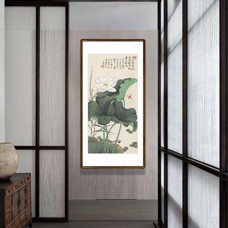 于非暗荷花国画实木画框中式客厅玄关装饰画书房走廊过道竖幅字画