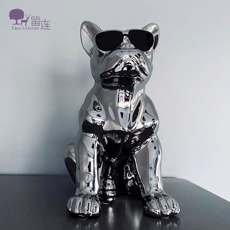 潮玩金属色金色银色眼镜墨镜狗法斗牛犬陶瓷轻奢高级艺术客厅摆件