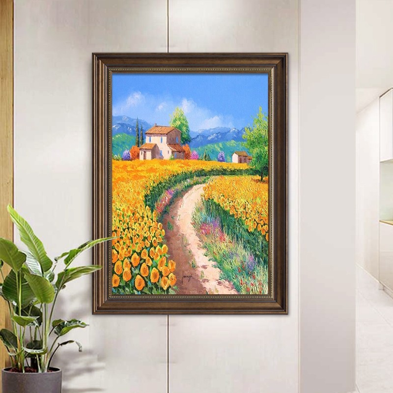 郁金香花卉玄关装饰画美式田园风景油画挂画竖版田野艺术壁画过道
