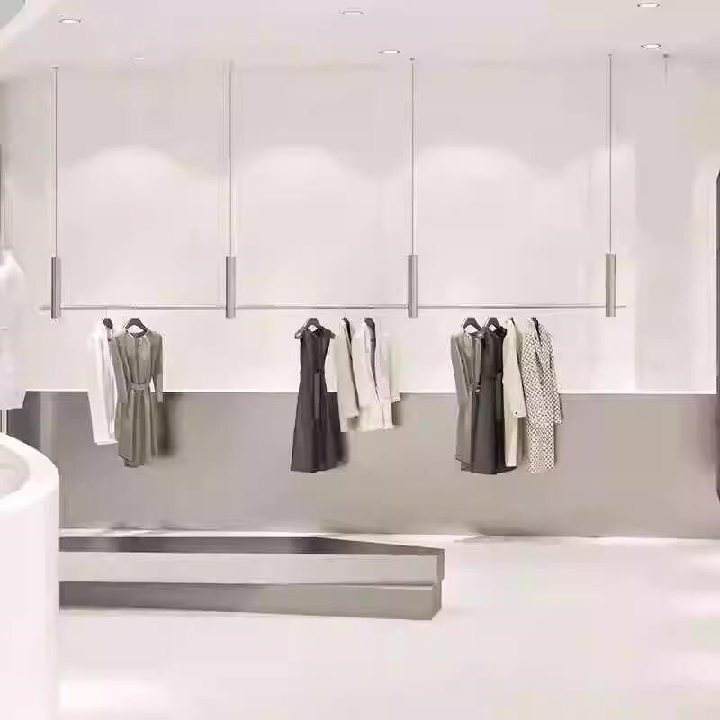 服装展示架橱窗钢丝绳吊架衣服架婚纱高档服装店不锈钢拉丝银悬挂