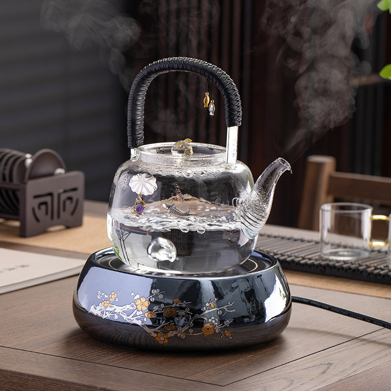 玻璃烧水壶固定手把耐高温镶银煮茶壶办公室电陶炉泡茶器家用套装