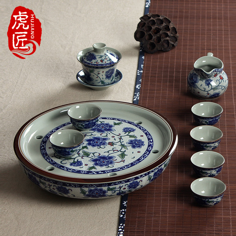 虎匠景德镇陶瓷茶具套装家用客厅整套功夫茶复古青花瓷茶盘瓷器