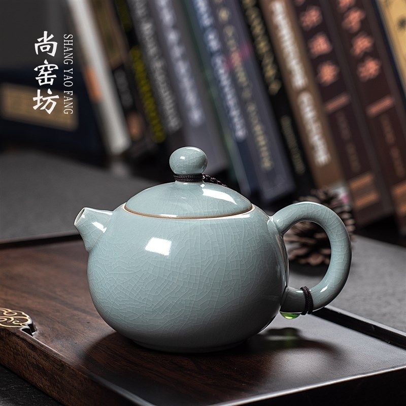 汝窑西施壶茶具套装家用中式一壶二杯手工泡茶壶两人陶瓷开片小套