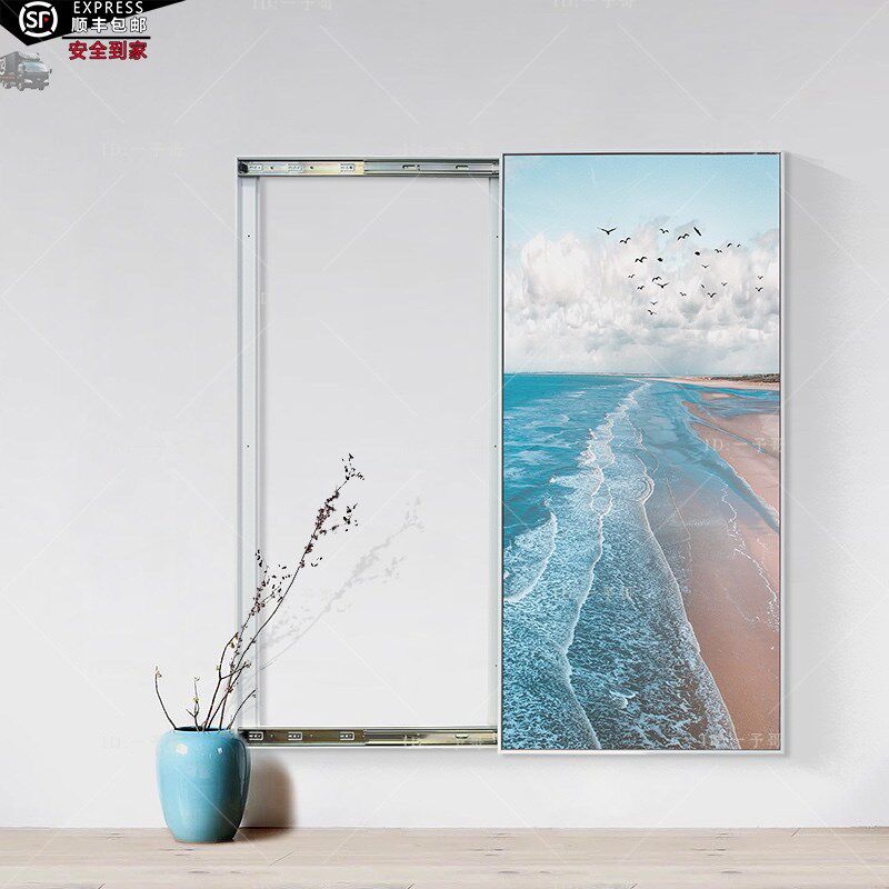 海阔天空推拉式隐形门框画海滩海岸配电箱遮盖电箱遮挡美化装饰画