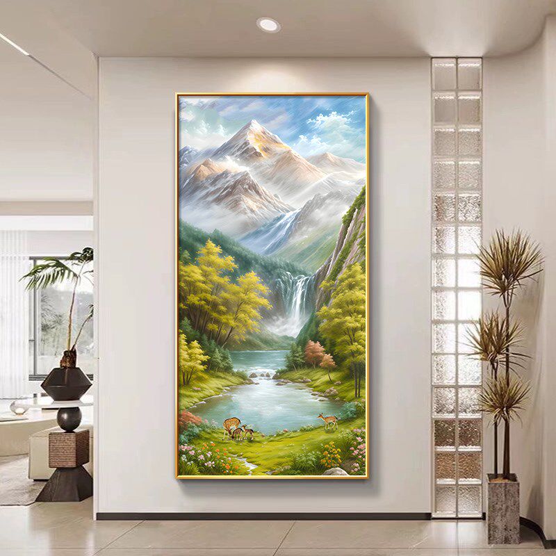 聚宝盆玄关装饰画小鹿大芬村油画欧式靠山图客厅竖版山水风景挂画