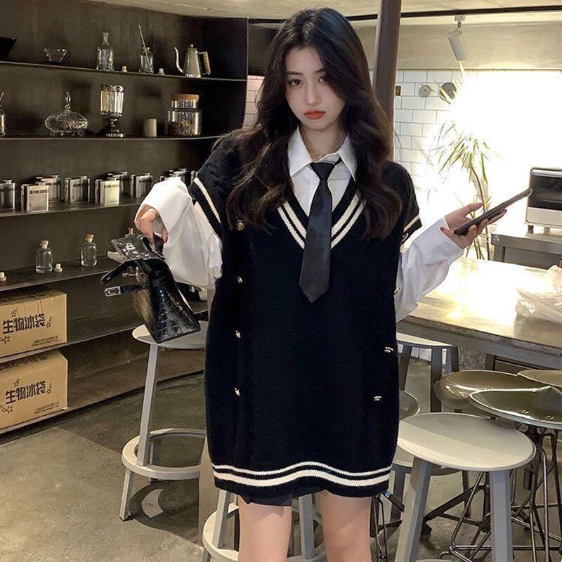 两件套装/单件早秋设计感学院风显瘦针织马甲叠穿长袖衬衫女上衣