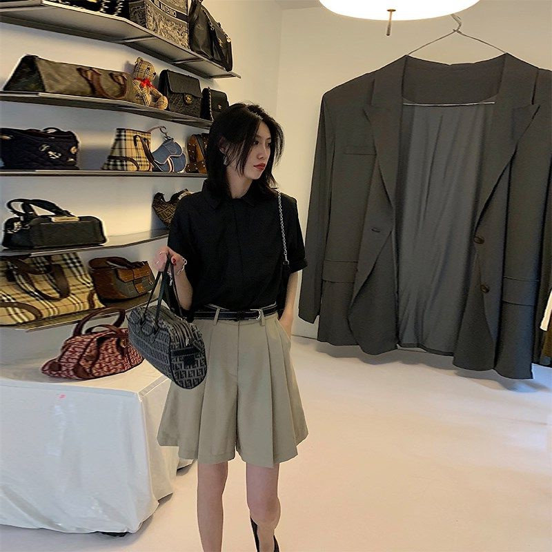 大码女装胖妹妹mm开叉西装短裤夏季薄款宽松显瘦阔腿五分裤200斤