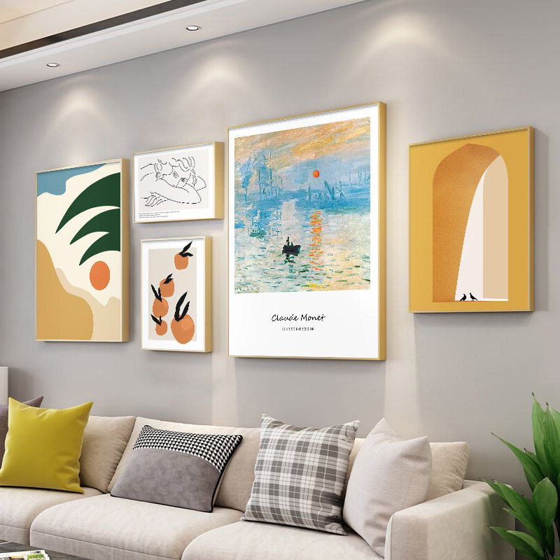 北欧风格沙发背景墙挂画莫奈壁画抽象创意线条客厅组合装饰画