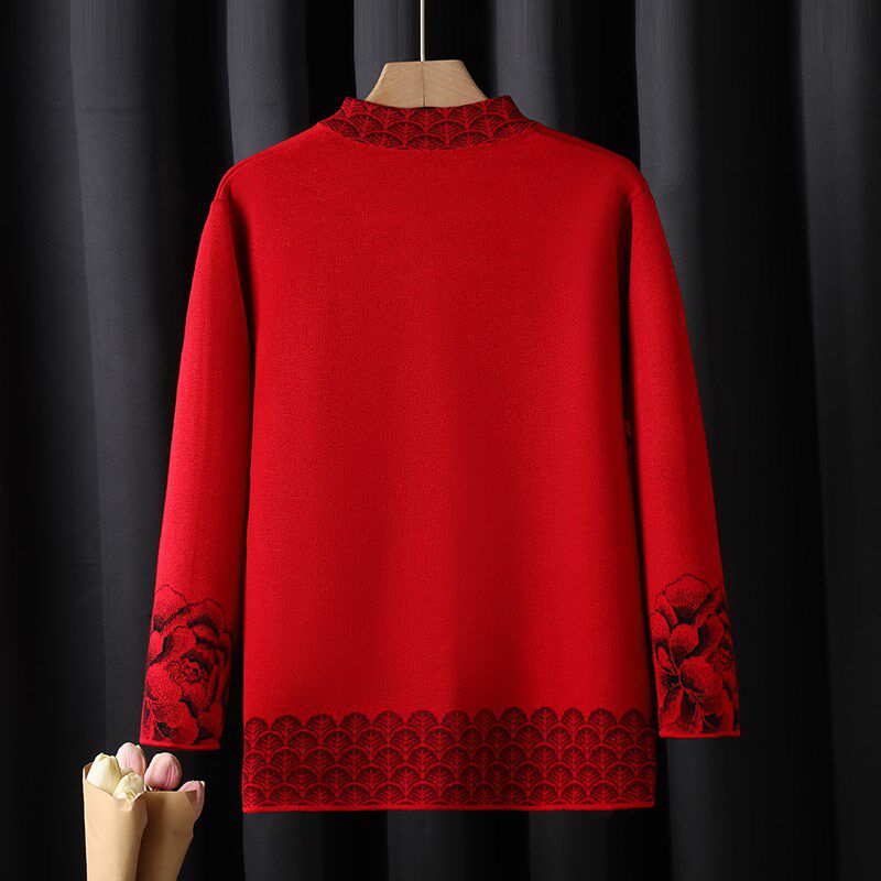 老人妈妈装唐装针织衫秋冬外套红色本命年礼服复古盘扣衣服奶奶装