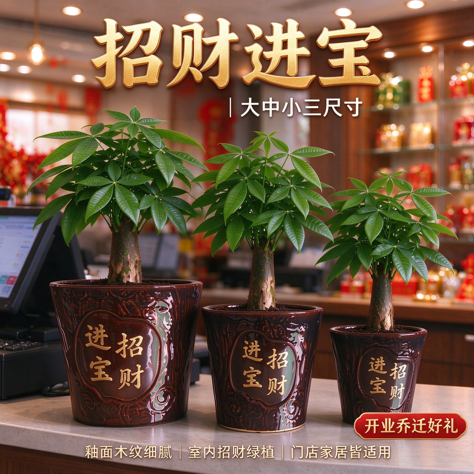 招财进宝陶瓷花盆中式古典盆栽盆景家居发财树金钱树桌面花盆陶瓷