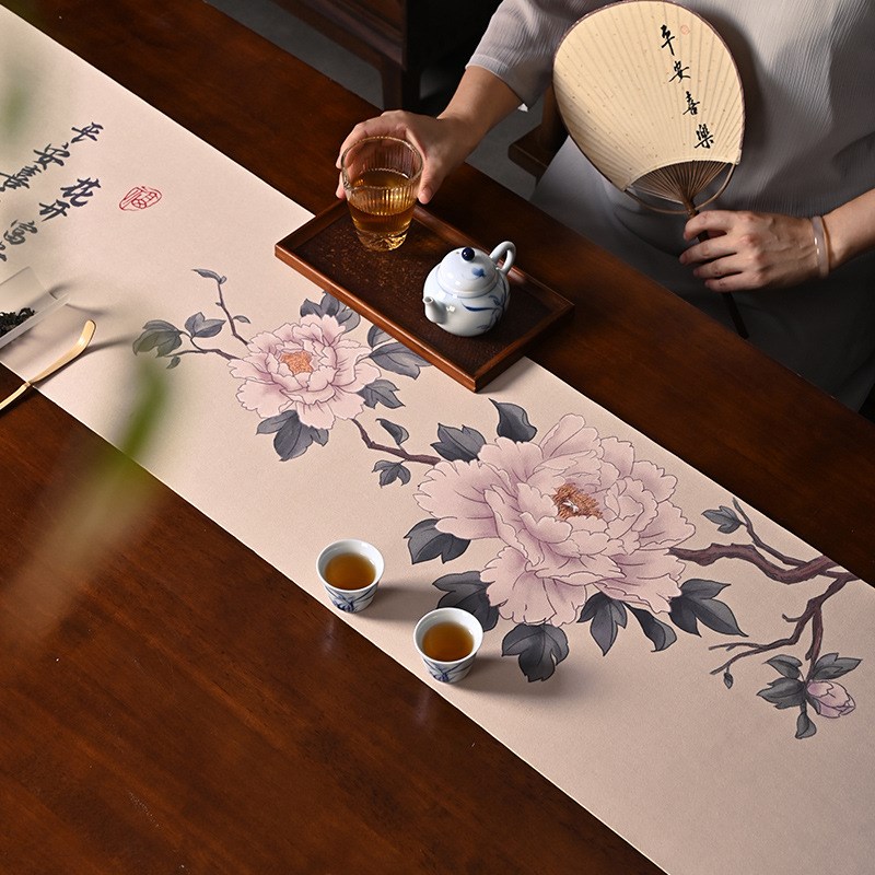 防水茶席双面干泡新中式禅意桌旗茶桌布防滑丝绸茶垫牡丹茶具配件