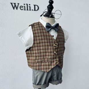 夏季男童英伦风套装礼服 男宝宝小西装马甲背带短裤薄款短袖套装