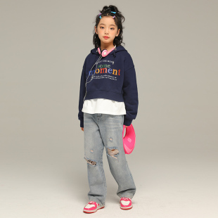 小女森女童春季破洞牛仔裤儿童时髦春秋裤子中大童休闲直筒阔腿裤